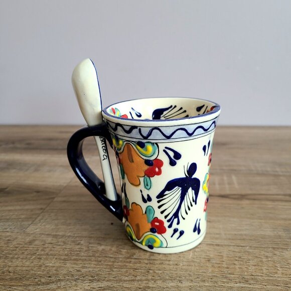 Mexican hand painted mug with spoon. - Picture 3 of 7